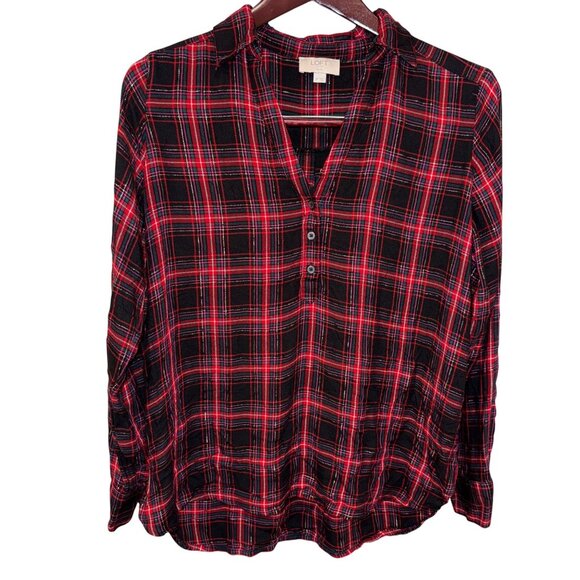 Loft Womens Petite Plaid Top Size SP Red & Black Long Sleeve - Picture 1 of 5